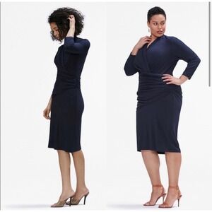 MM.LaFleur The Casey Navy Blue Faux Wrap Ruched Sheath Dress 3/4 Sleeve Sz XS